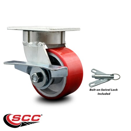 Service Caster 4 Inch Kingpinless Red Poly on Steel Wheel Caster with Brake and Swivel Lock SCC-KP30S420-PUR-RS-SLB-BSL